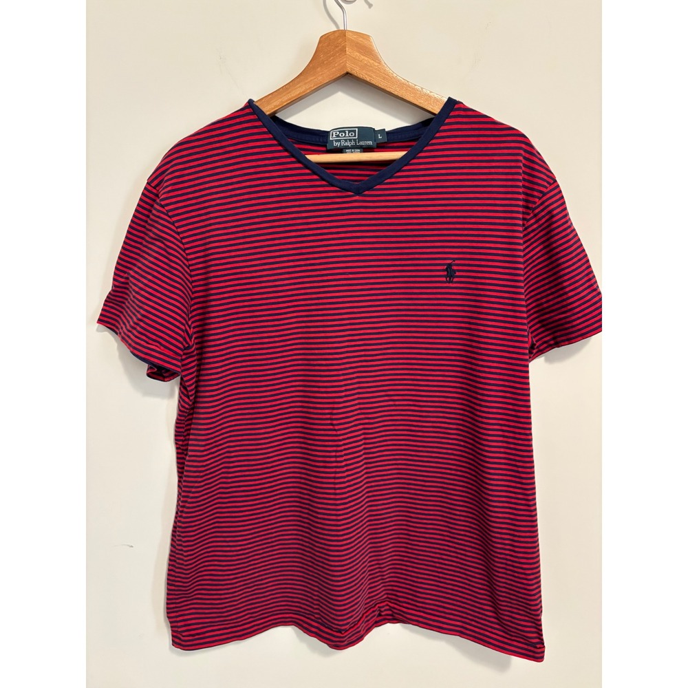 Polo Ralph Lauren Mens V-Neck T-Shirt Red Navy Blue Striped Cotton Pony Logo L